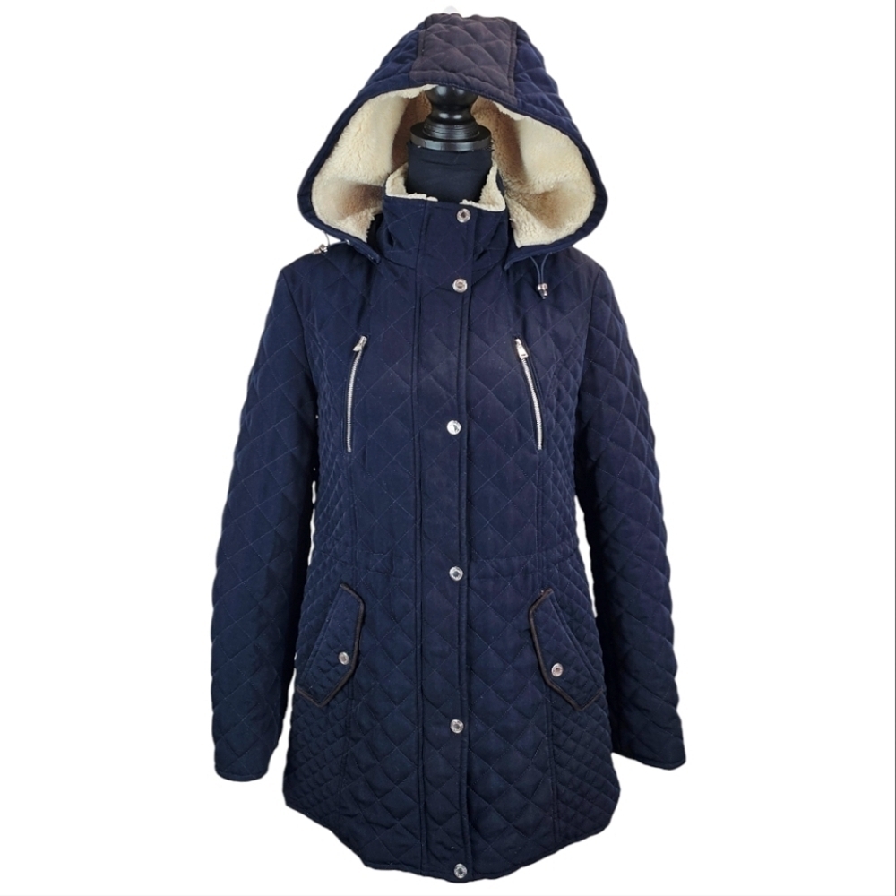 Laundry By Shelli Segal Navy Quilted Hooded Women's Jacket Size Medium Outerwear